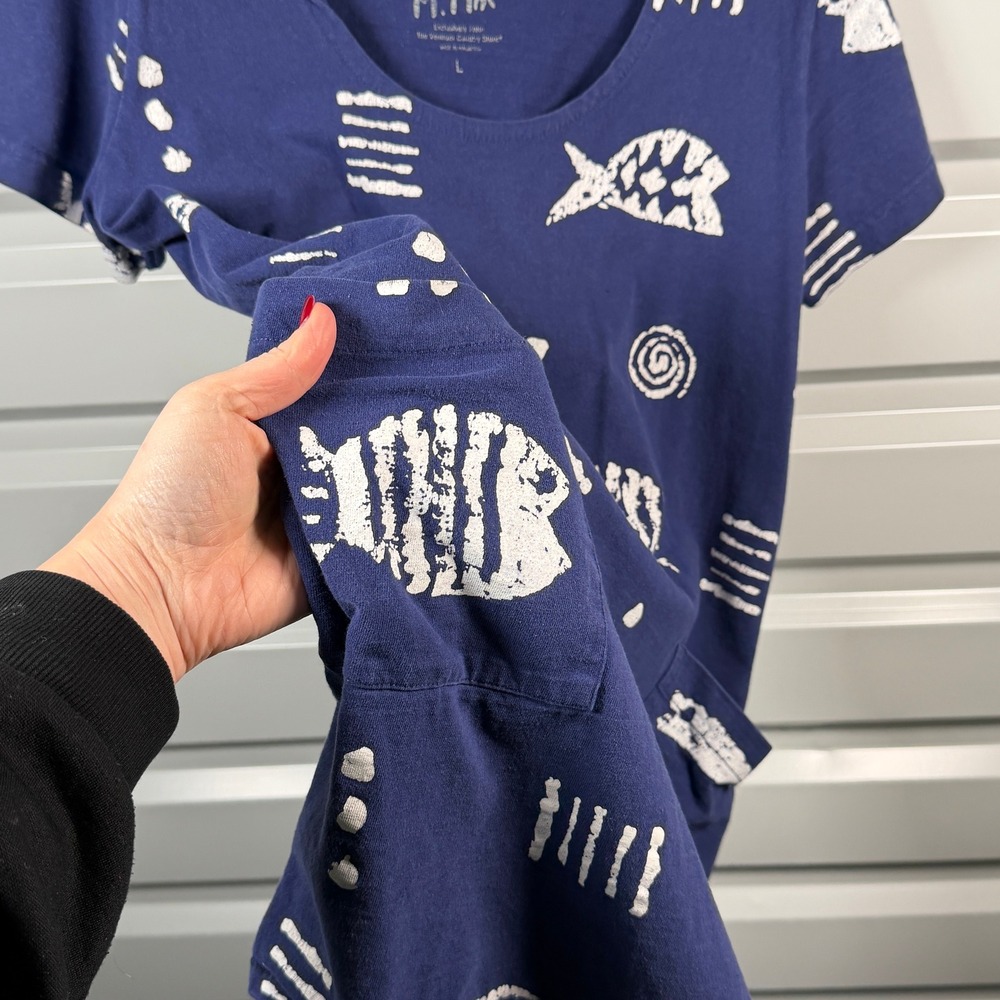 M. MAC Navy Blue Fish Print Cotton T-Shirt Dress Pockets Vermont Country Store L - Picture 4 of 4